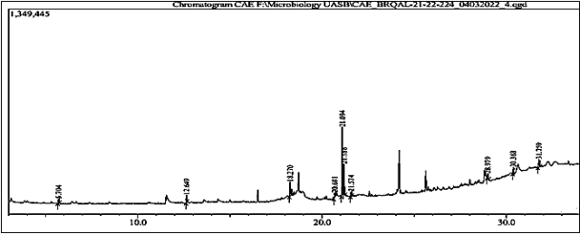 GC-MS chromatogram of ethanolic extract of Curcuma amada rhizome.