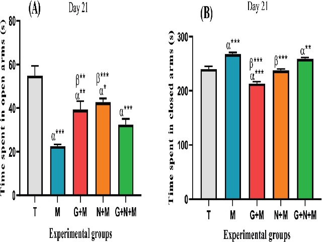 Anxiety-related behavior of rats in the elevated plus-maze test (EPM) on day 21 of experimentation (n=05).