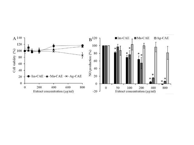 The effect of Im-CAE, Ma-CAE and Ag-CAE extracts on the cell viability (A) and NO production of RAW264.7 cells in the presence of LPS (B).