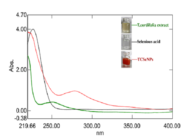 UV-Vis spectrum of T. cordifolia extract, TC-SeNPs, and Selenious acid.