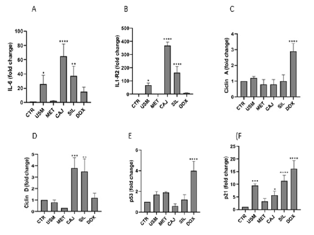 Four Colombian EEPs (USM, CAJ and SIL: 25 μg/mL; MET: 50 μg/ mL) were evaluated after 48 hr of exposure, on the relative expression of the (A) IL-6 and (B) IL-1R2. (C) CCNA2; (D) CCND1;