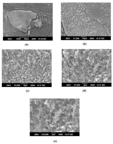 Scanning Electron Microscope (SEM) images in magnifications, a) x 500, b) x 1,500, c) x 3,500, d) x 7,000, e) x 10,000