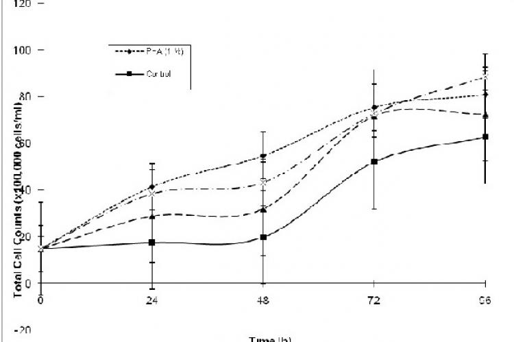 Total Counts over the 96 h culturing time for untreated lymphocytes and those treated with PHA (1%), Ephedrine (69 μg/ml) and Ephedra extract (69 μg/ml). Data shown were the mean ± SEM of ten determinations.