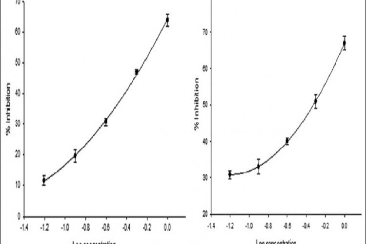 Concentration‑dependent inhibition of cholinesterase enzyme. (a) Acetylcholinestrase and (b) butyrylcholinestrase by different concentration of ajoene