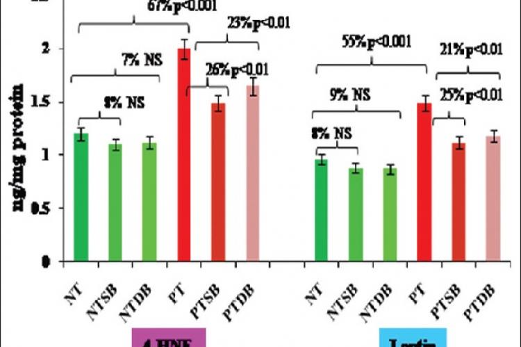 Level of 4‑hydroxy nonenal and leptin were assessed in normotensive and preeclamptic placental trophoblast with and without diastase with betel leaf and saliva with betel leaf. Values are expressed as means ± standard deviation (n = 10)