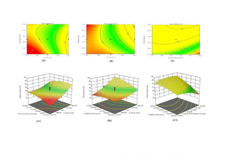 Contour plot and (A1) Surface plot of output % cholesterol esterase inhibition vs. Power (W), Time (sec) (B) Contour plot and (B1)