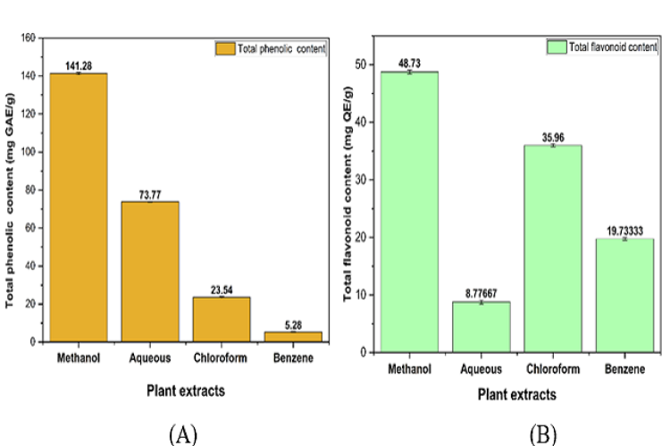 TPC (A) and TFC (B) of S. virginianum extracts. Values are expressed as Mean ± SE, n=3.