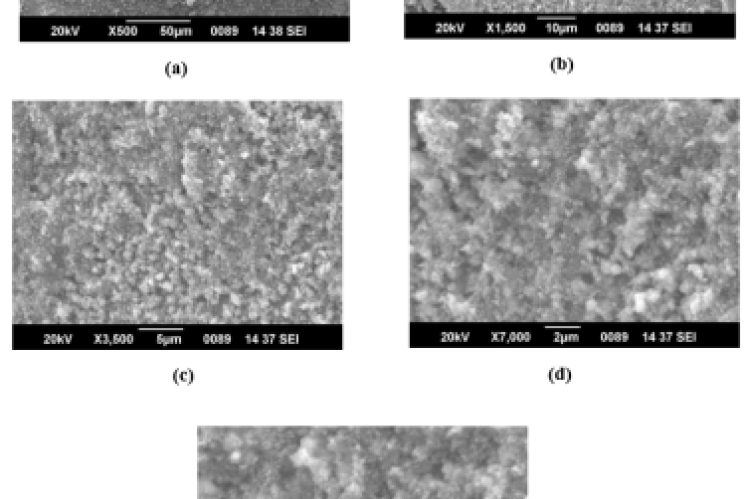 Scanning Electron Microscope (SEM) images in magnifications, a) x 500, b) x 1,500, c) x 3,500, d) x 7,000, e) x 10,000