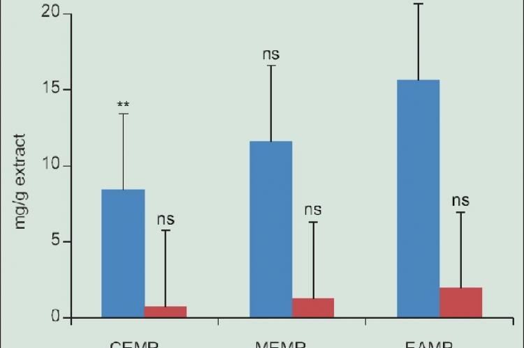 Comparative study of total phenolic content and total flavonoid content of various extracts of Mimosa pudica leaves. The values were expressed as mean ± standard error of mean; *P < 0.05, **P < 0.01 versus control. ns: Not significant