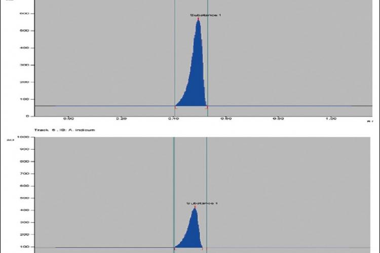 High performance thin liquid chromatography chromatogram of standard quercetin and ethanolic extract of Abutilon indicum