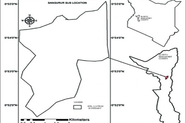Map showing the position of Sangurur in Elgeyo Marakwet County and Kenya