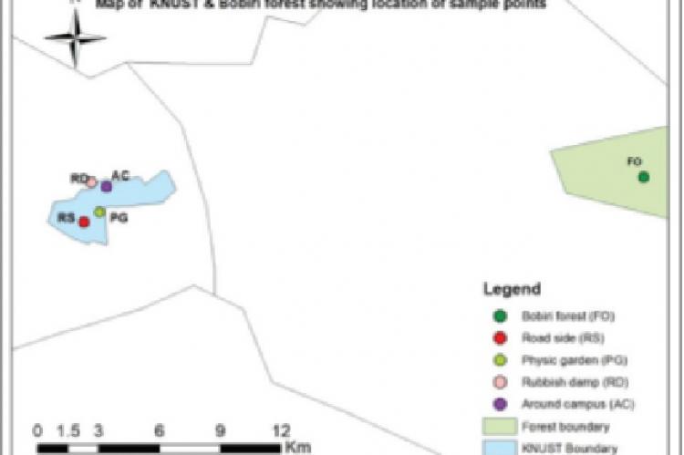  Map of KNUST and Bobiri forest showing location of sample