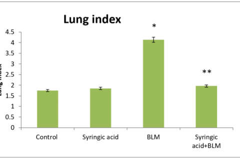 Effect of Syringic acid on the rat lung index of BLM-induced pulmonary fibrosis. Values are presented as mean±SEM (n=8). * p<0.001 Indicate significant difference compared with the control group; ** p<0.01 vs BLM-treated rats. BLM: Bleomycin.