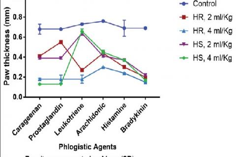 Effect of study groups on mean paw thickness against various phlogistic agents; results are presented as mean (standard deviation)