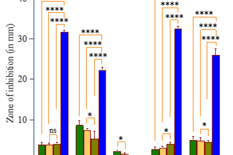 Comparative antibacterial activity of A. scholaris bark extract and ciprofloxacin against Bacillus cereus (BC), Staphylococcus aureus 1 (SA1), Staphylococcus aureus 2 (SA2), Escherichia coli (EC), and Salmonella typhi (ST). Values are in means±standard error of means (n=3); ****p≤0.0001; *p<0.05, ns=not significant